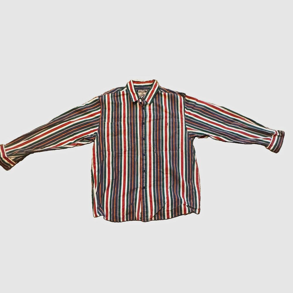 VTG Wrangler Rugged Wear Shirt Mens L Striped Woven Cotton Button-Up Long Sleeve